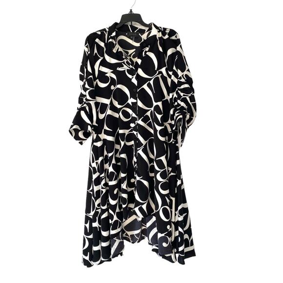 Gracia Lettering High Low Asymmetric Black White Button Down Dress size medium - Picture 2 of 10